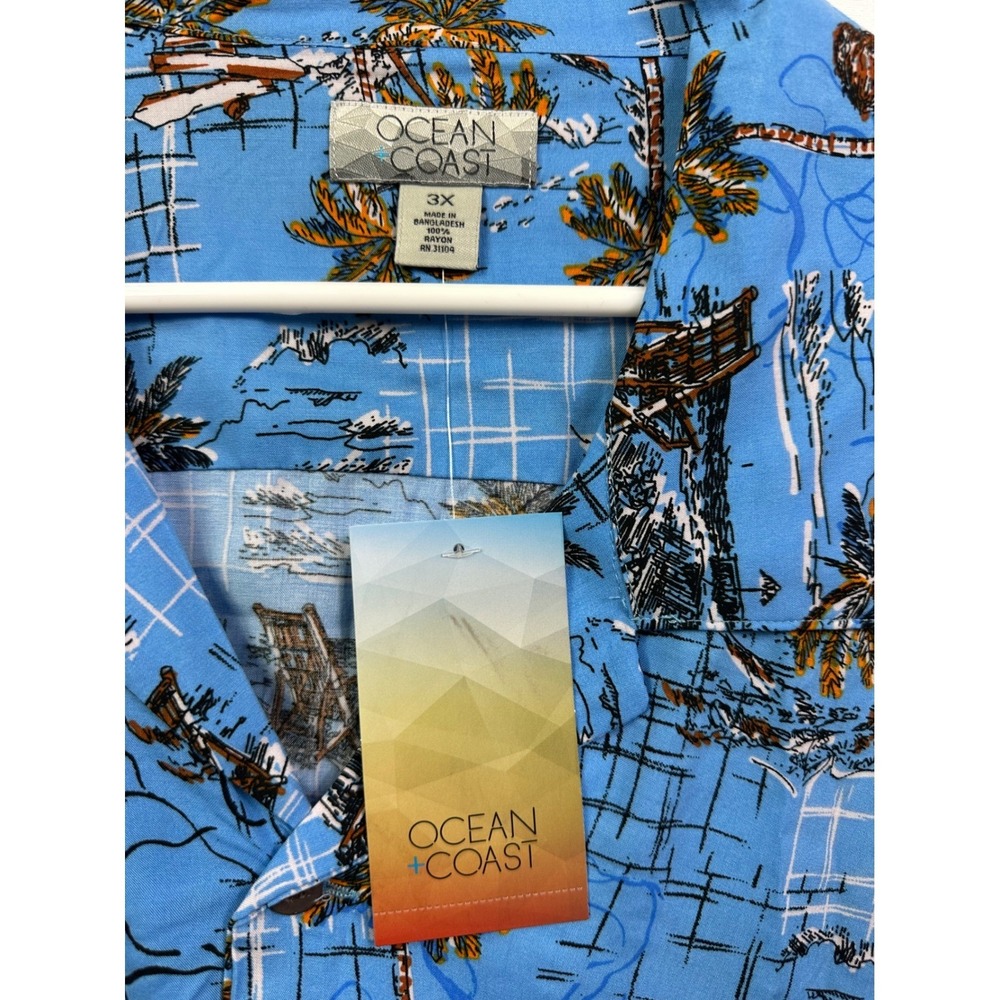 Ocean Coast Mens 3XL Blue Tropical Palm Tree Beach Hawaii Scene Button Up Shirt